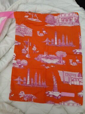 KATY KIME New Travel Pouch Toile of NYC Landmarks, Tangerine and Purple